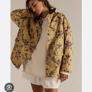 Free people floral denim barn jacket coat rare sold out Lemon oversized